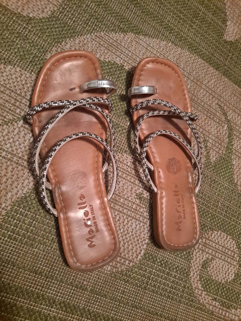 Mariella Metallic Silver And Black Bedazzled Multi-Strap Slide Sandals - Women's